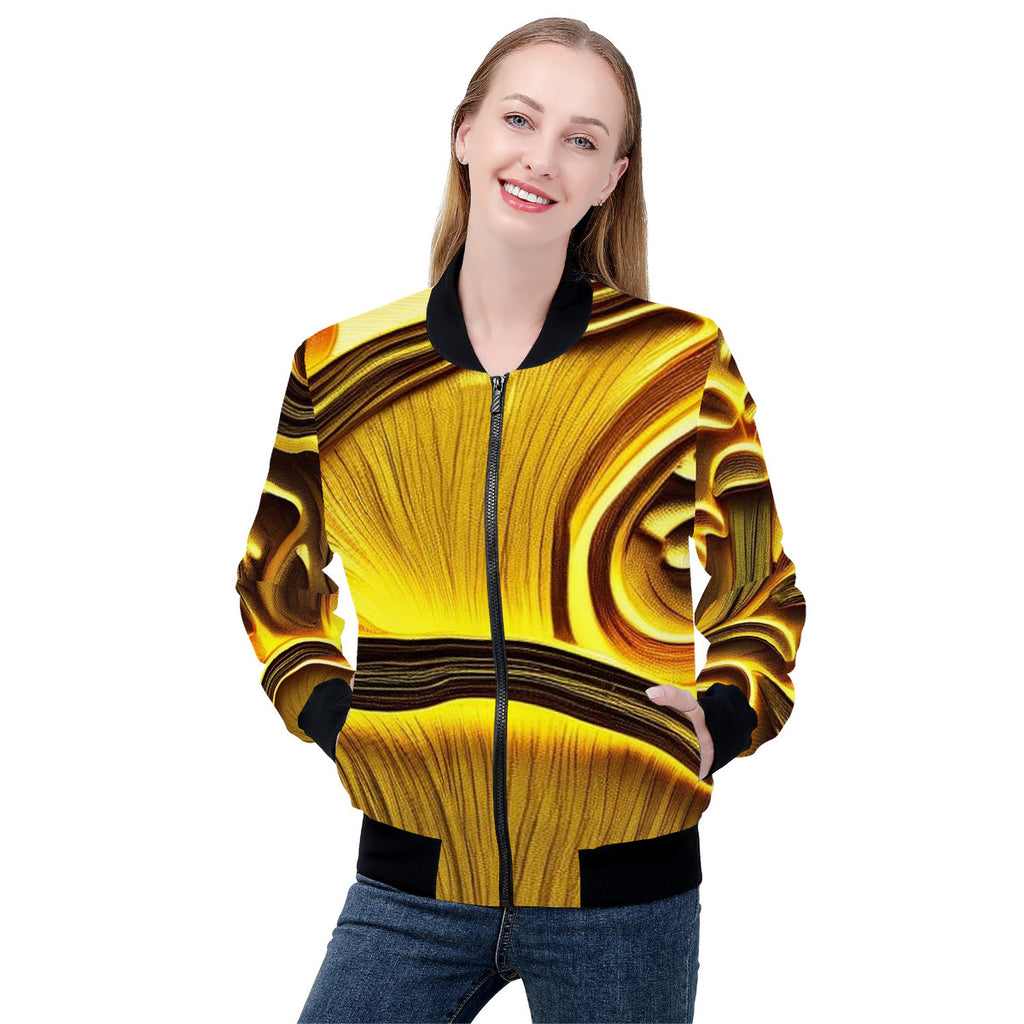 Women's Golden Custom Mushroom Print Bomber Jacket - Premium Polyester Print