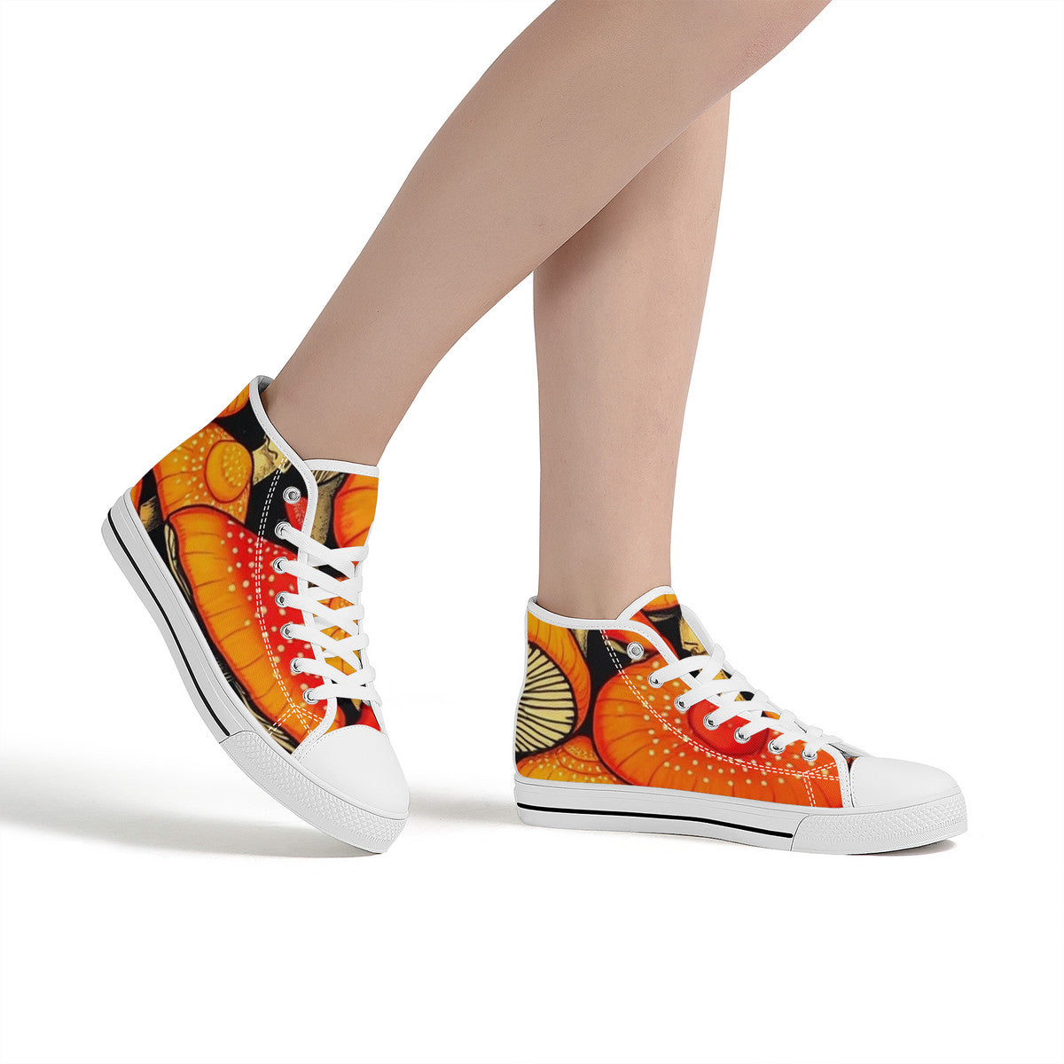 High-Top Orange & Black Custom Mushroom Print Canvas Shoes with Customized Tongue - White