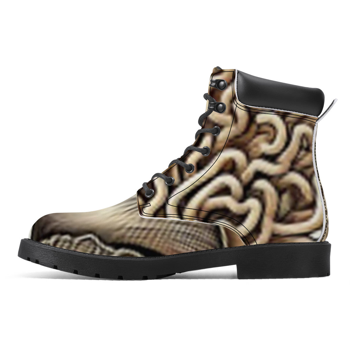 Earth Tones Custom Design Mushroom Print Synthetic Leather Boots - Vegan Waterproof All-Season Boots