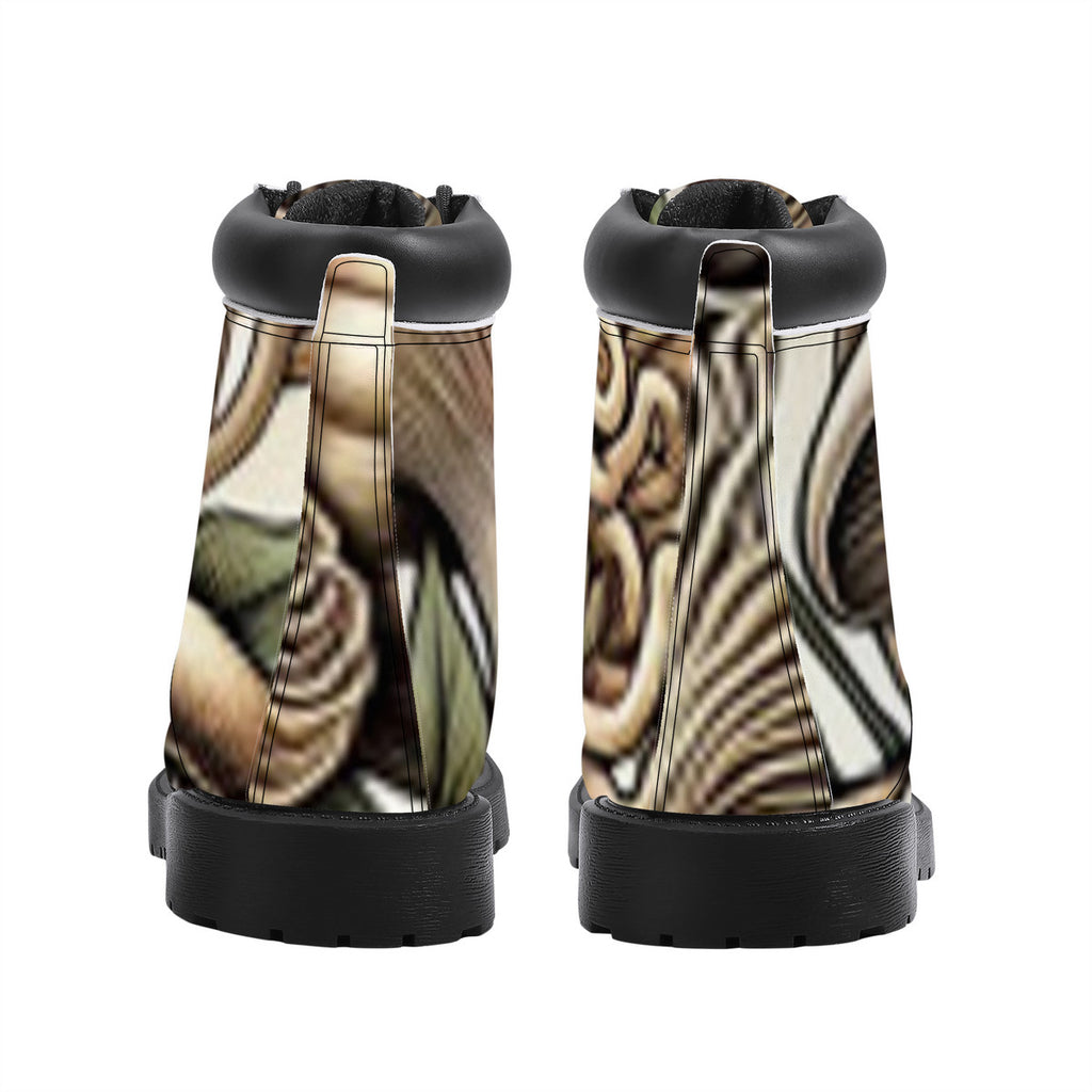 Earth Tones Custom Design Mushroom Print Synthetic Leather Boots - Vegan Waterproof All-Season Boots