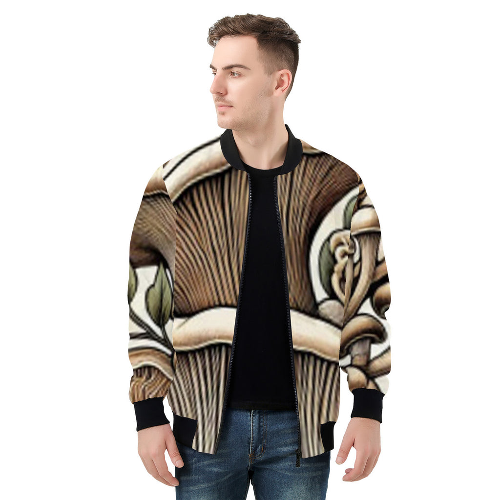 Men's Hand Drawn Mushroom Print Bomber Jacket - Premium Polyester Print