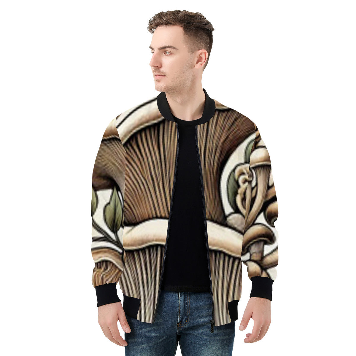 Men's Hand Drawn Mushroom Print Bomber Jacket - Premium Polyester Print