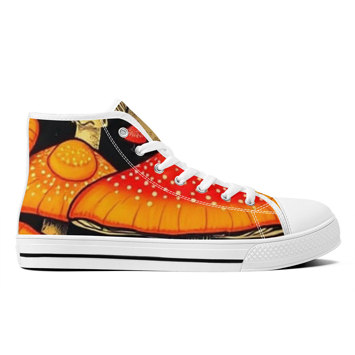 High-Top Orange & Black Custom Mushroom Print Canvas Shoes with Customized Tongue - White