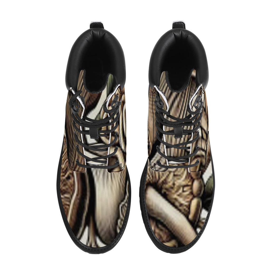 Earth Tones Custom Design Mushroom Print Synthetic Leather Boots - Vegan Waterproof All-Season Boots