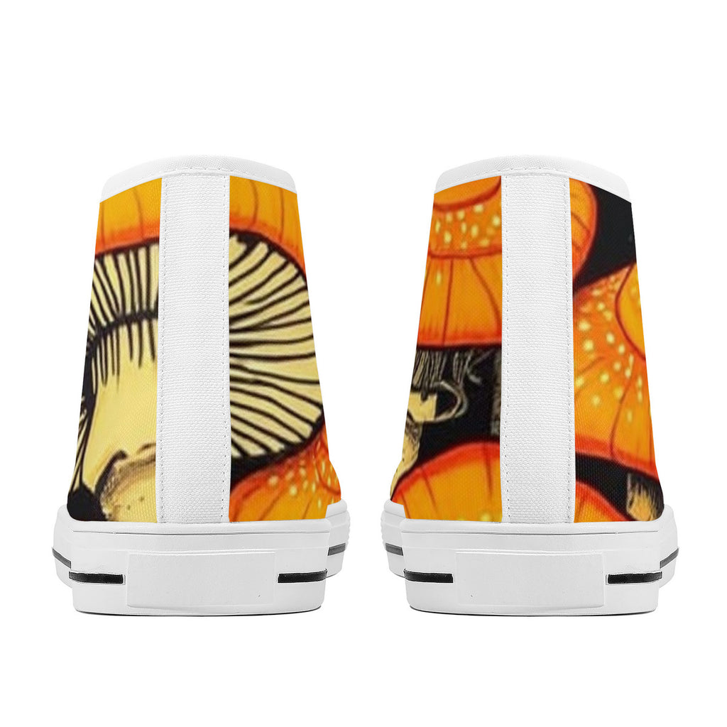 High-Top Orange & Black Custom Mushroom Print Canvas Shoes with Customized Tongue - White