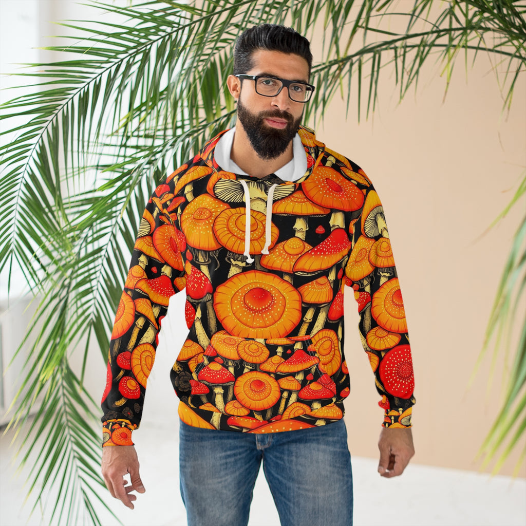 Mushroom Hoodie — Colorful Red & Orange Fungi All-Over Print
