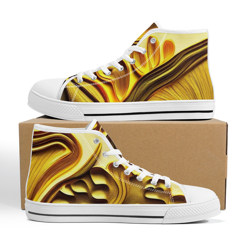 Zapatillas de lona con estampado personalizado de setas doradas de caña alta. Edición Shroomed Out