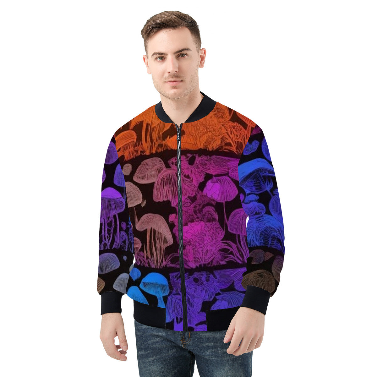 Men's Rainbow Custom Mushroom Print Bomber Jacket - Premium Polyester Print