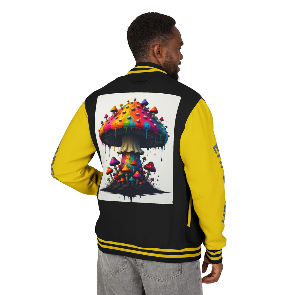 Mushroom Graphic Letterman Jacket — Colorful Psychedelic Spore Tree Design