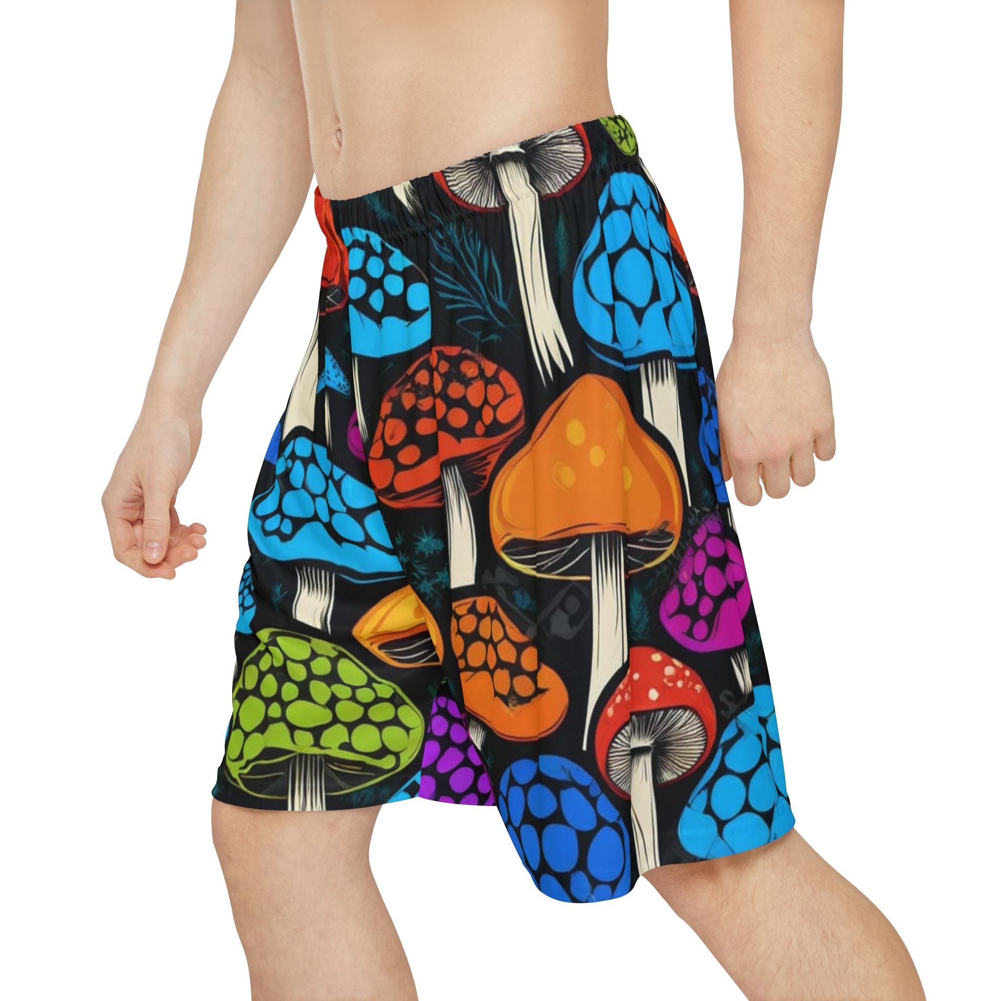 Pantalones Cortos Deportivos con Estampado de Champiñones — Estampado psicodélico colorido en toda la prenda