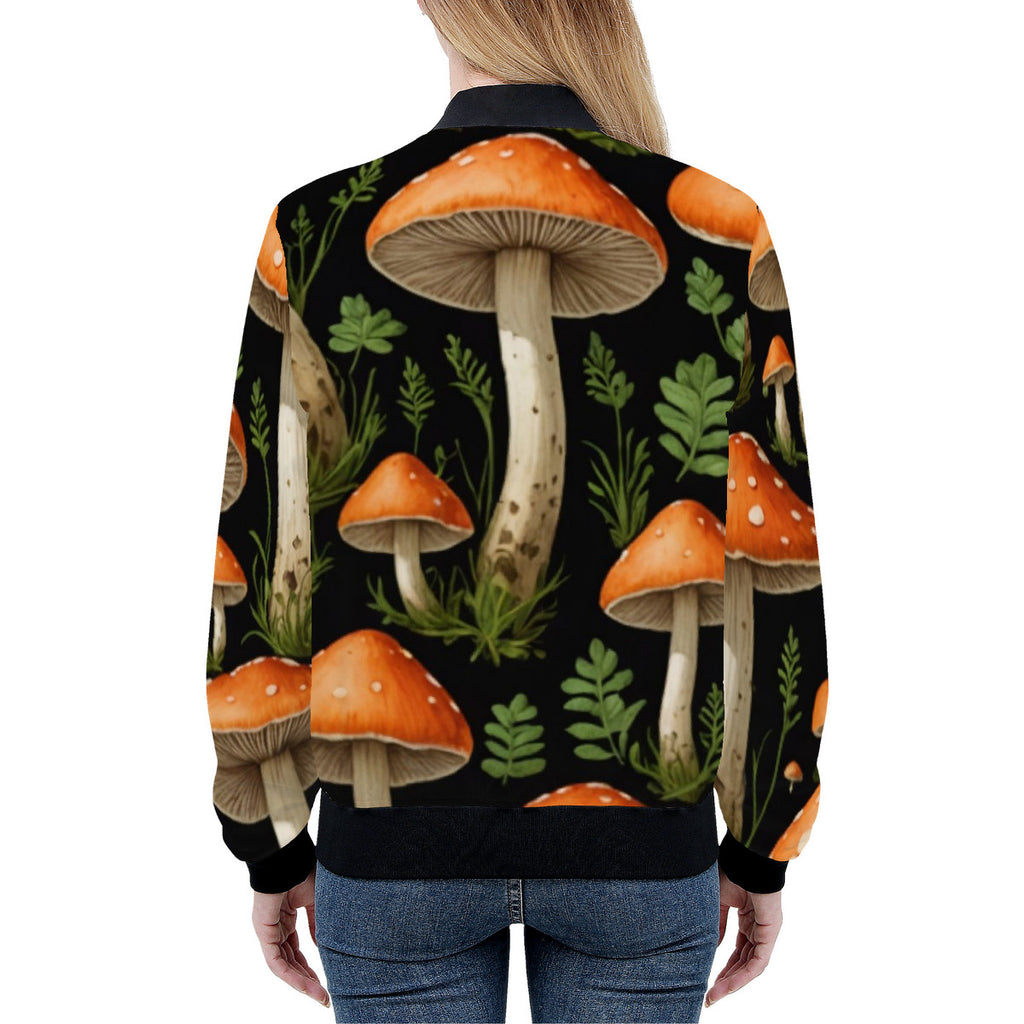 Women's Mushroom of the Garden Custom Print Bomber Jacket - Premium Polyester Print