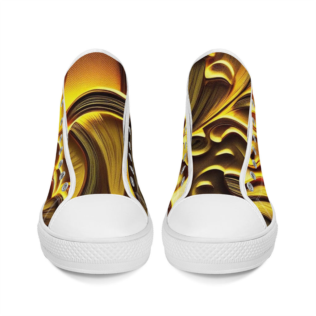 Zapatillas de lona con estampado personalizado de setas doradas de caña alta. Edición Shroomed Out