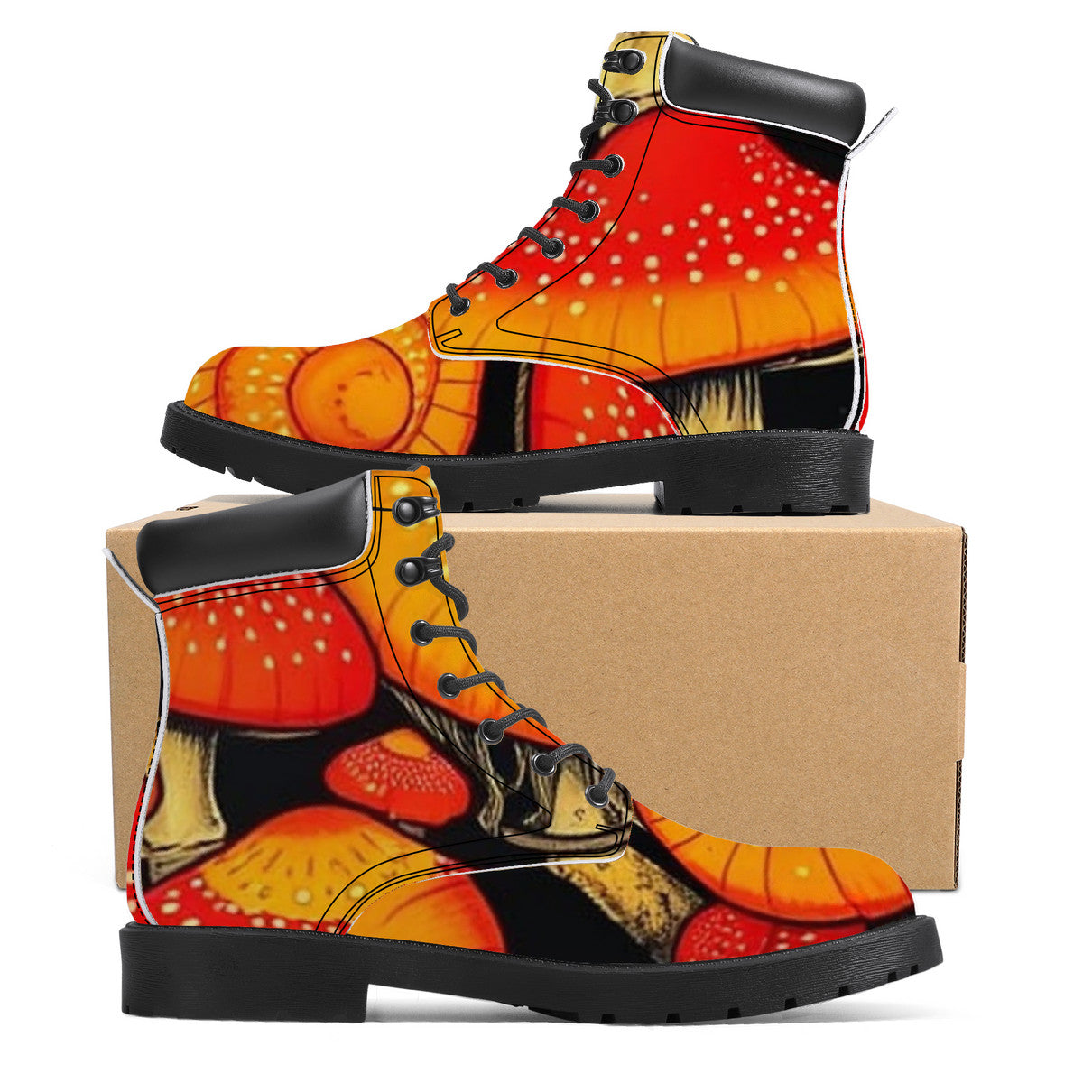 Colorful Mushroom Custom Print Synthetic Leather Boots - Vegan Waterproof All-Season Boots