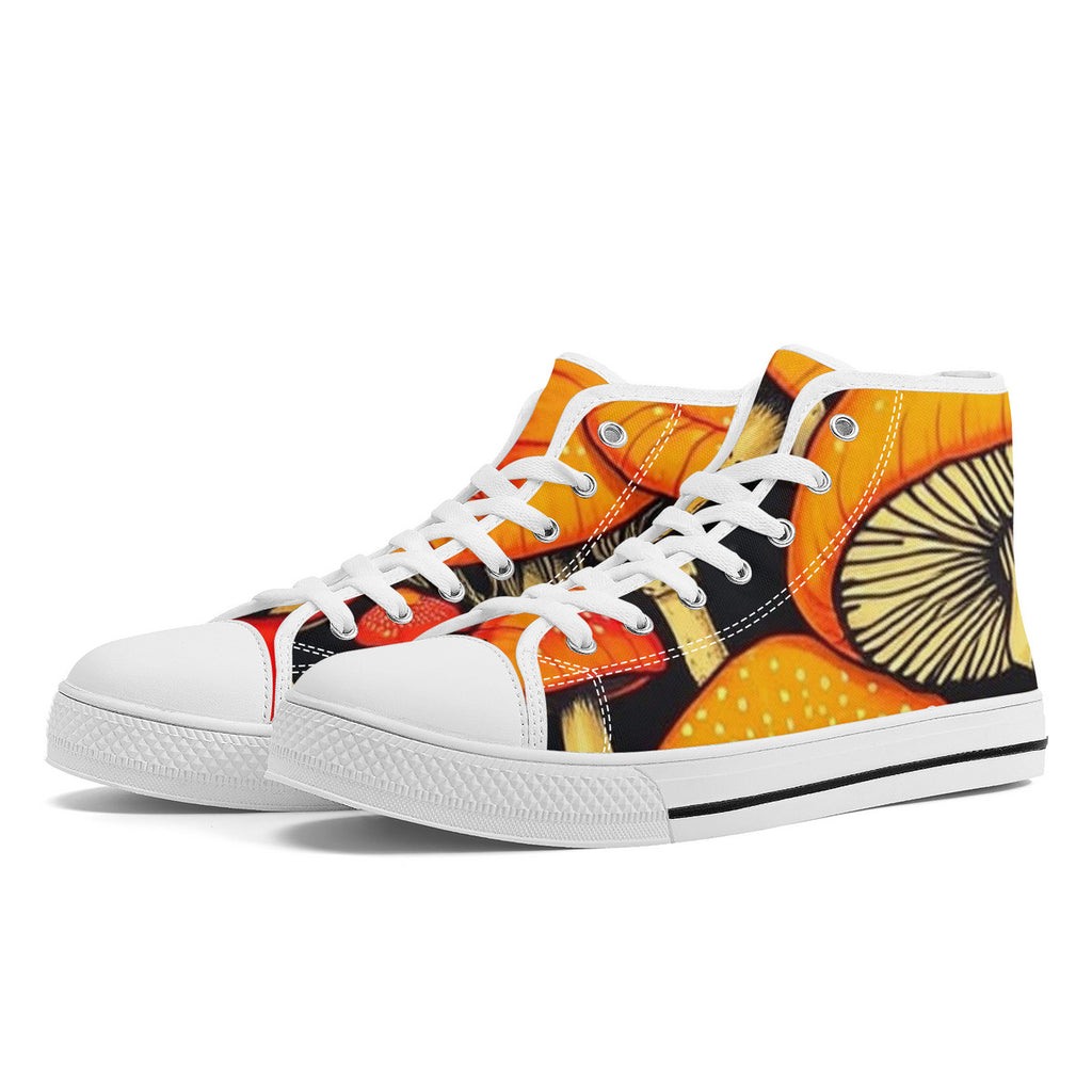 High-Top Orange & Black Custom Mushroom Print Canvas Shoes with Customized Tongue - White