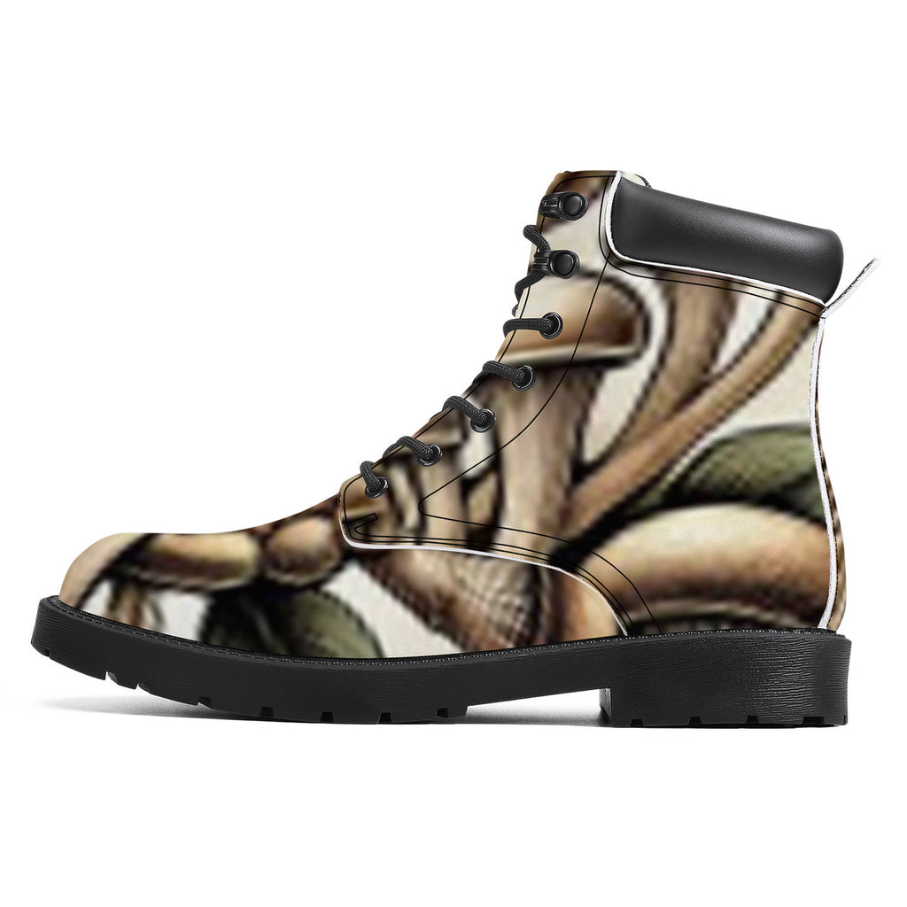 Earth Tones Custom Design Mushroom Print Synthetic Leather Boots - Vegan Waterproof All-Season Boots