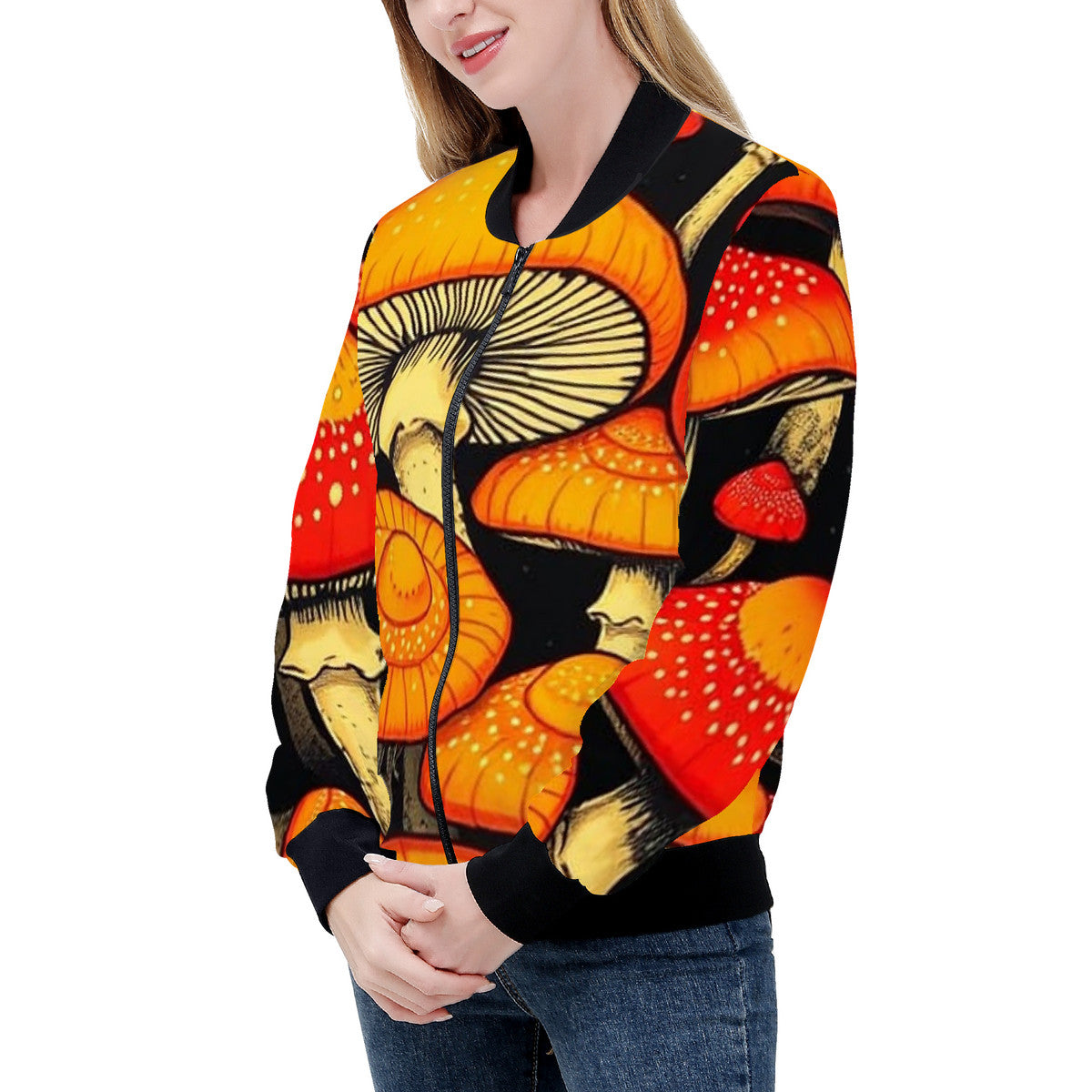 Women's Orange Cap Custom Print Mushroom Bomber Jacket - Premium Polyester Print