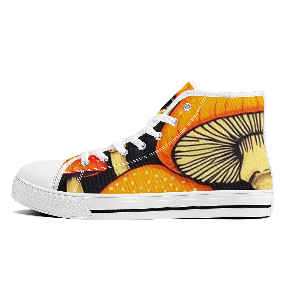 High-Top Orange & Black Custom Mushroom Print Canvas Shoes with Customized Tongue - White