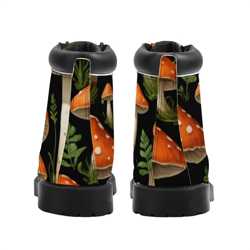 In the Forest Custom Design Mushroom Print Synthetic Leather Boots - Vegan Waterproof All-Season Boots