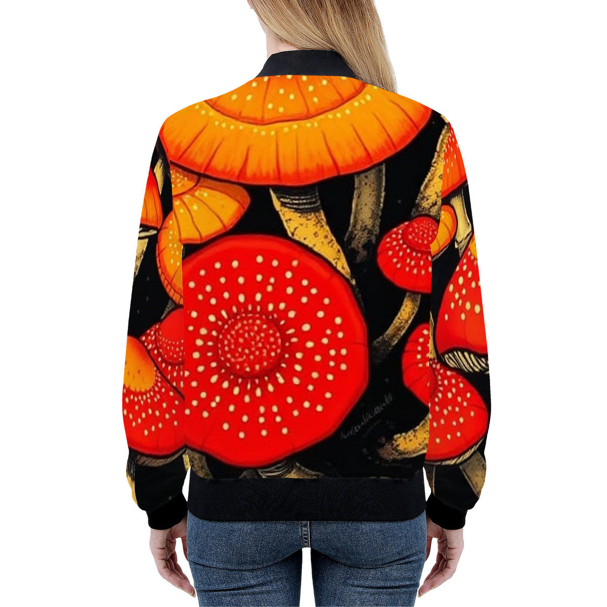 Women's Orange Cap Custom Print Mushroom Bomber Jacket - Premium Polyester Print