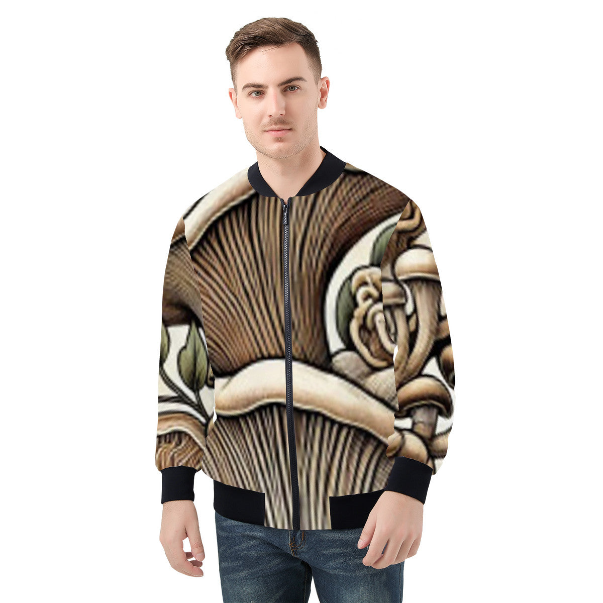 Men's Hand Drawn Mushroom Print Bomber Jacket - Premium Polyester Print