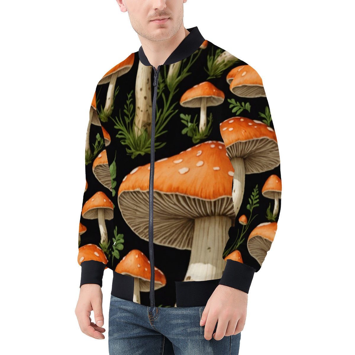Chaqueta estilo aviador con estampado personalizado "Hongo del Jardín" para hombre - Estampado de poliéster de primera calidad