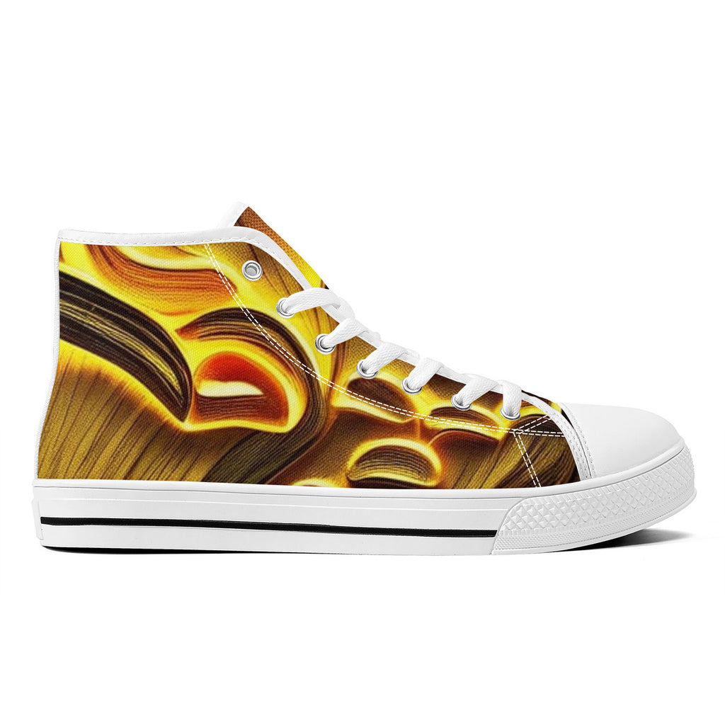 Zapatillas de lona con estampado personalizado de setas doradas de caña alta. Edición Shroomed Out