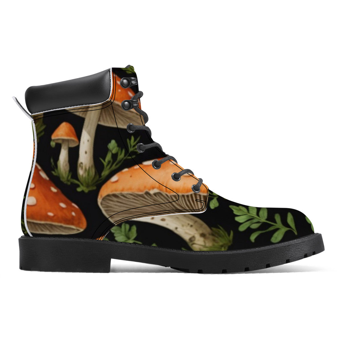 In the Forest Custom Design Mushroom Print Synthetic Leather Boots - Vegan Waterproof All-Season Boots
