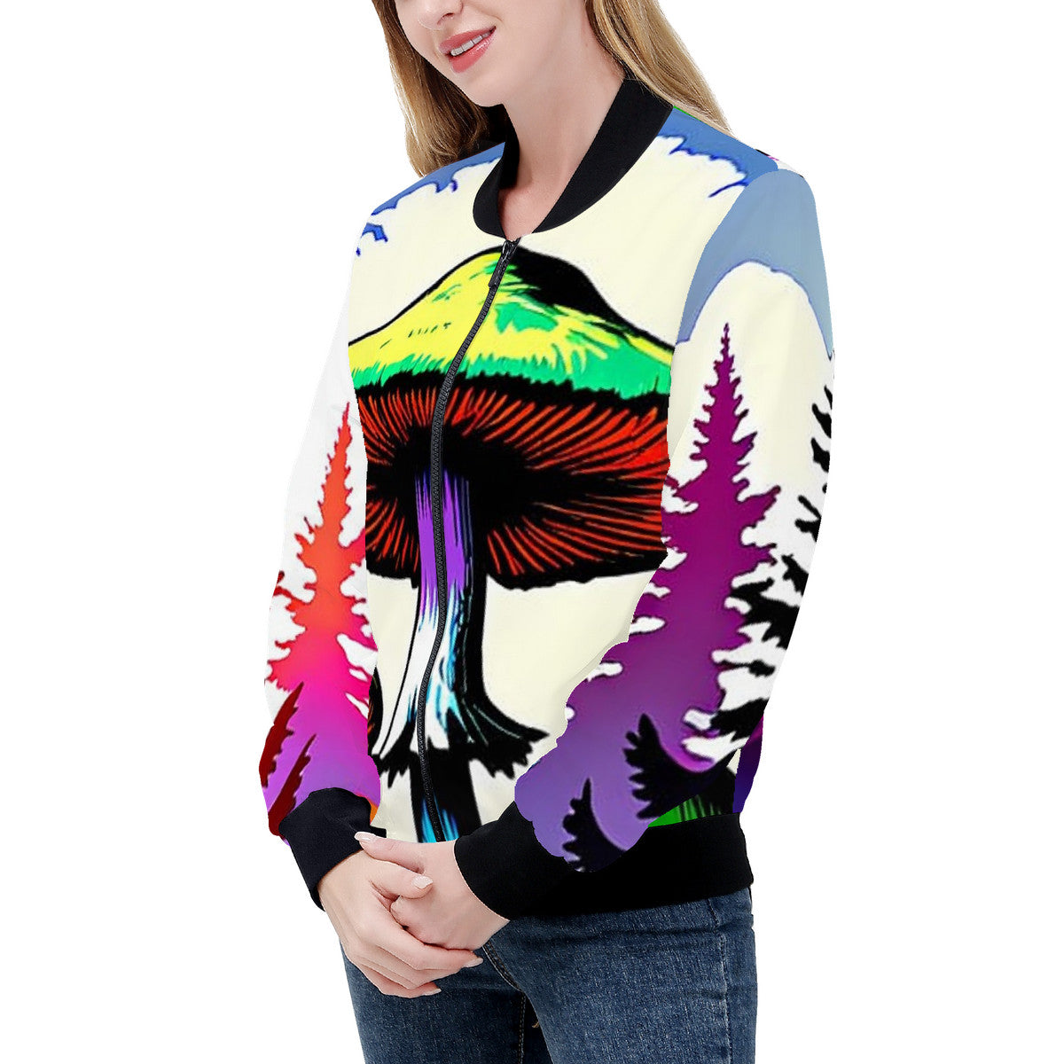 Women's Colorful Custom Mushroom Print Bomber Jacket - Premium Polyester Print
