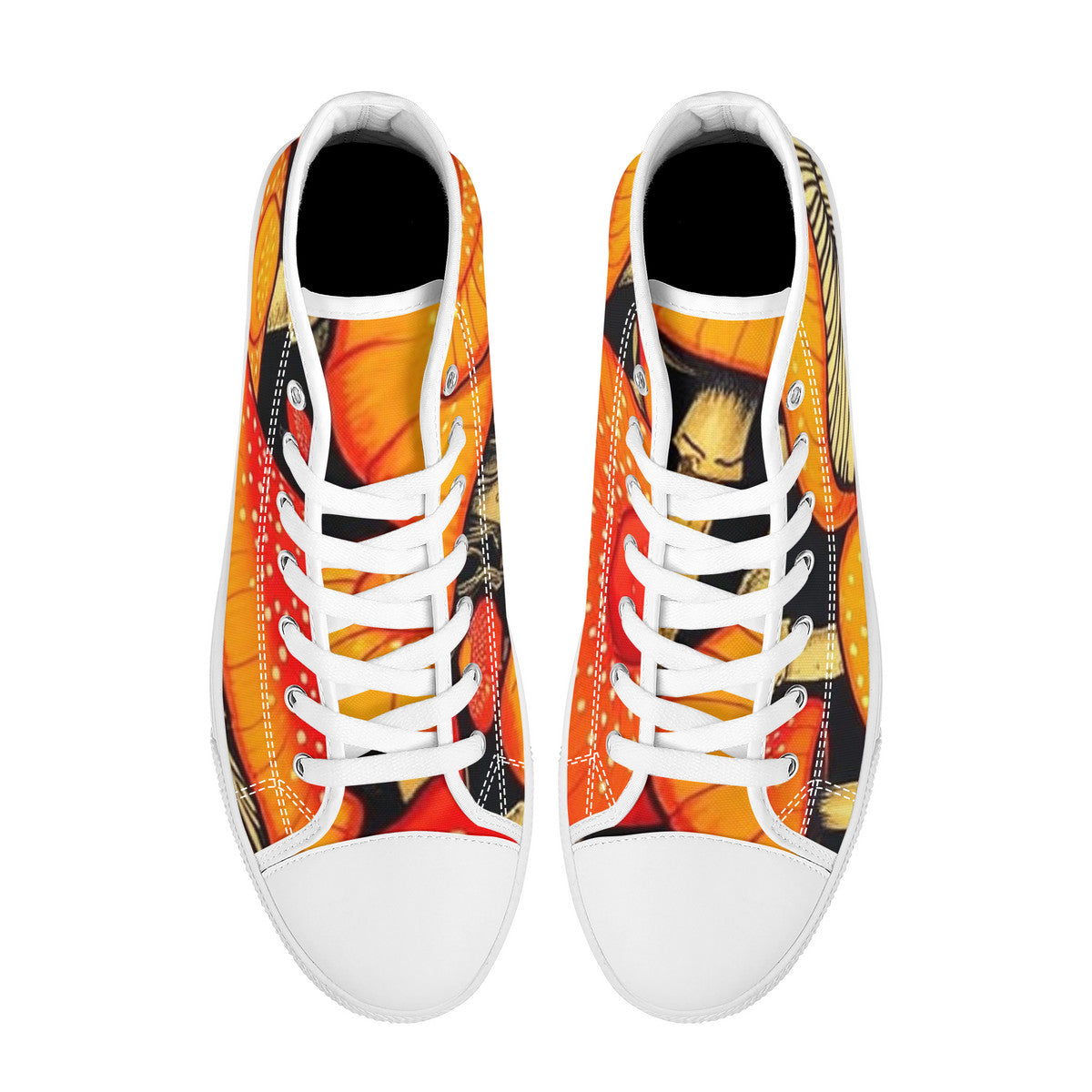 High-Top Orange & Black Custom Mushroom Print Canvas Shoes with Customized Tongue - White