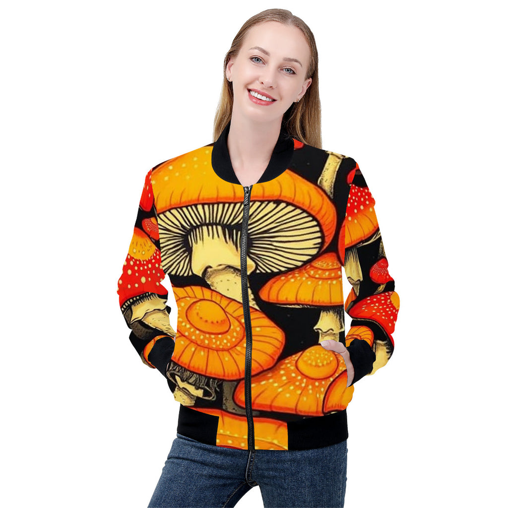 Women's Orange Cap Custom Print Mushroom Bomber Jacket - Premium Polyester Print
