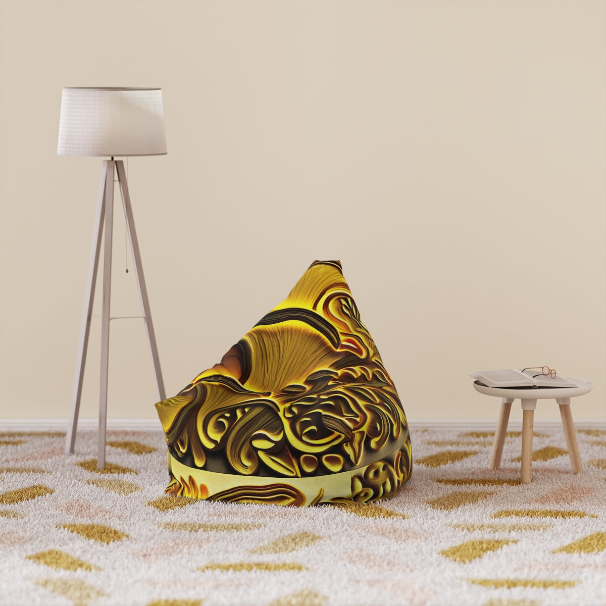 Luxe Gold Baroque Mushroom Bean Bag Cover – Elegant Fungi Print Home Decor