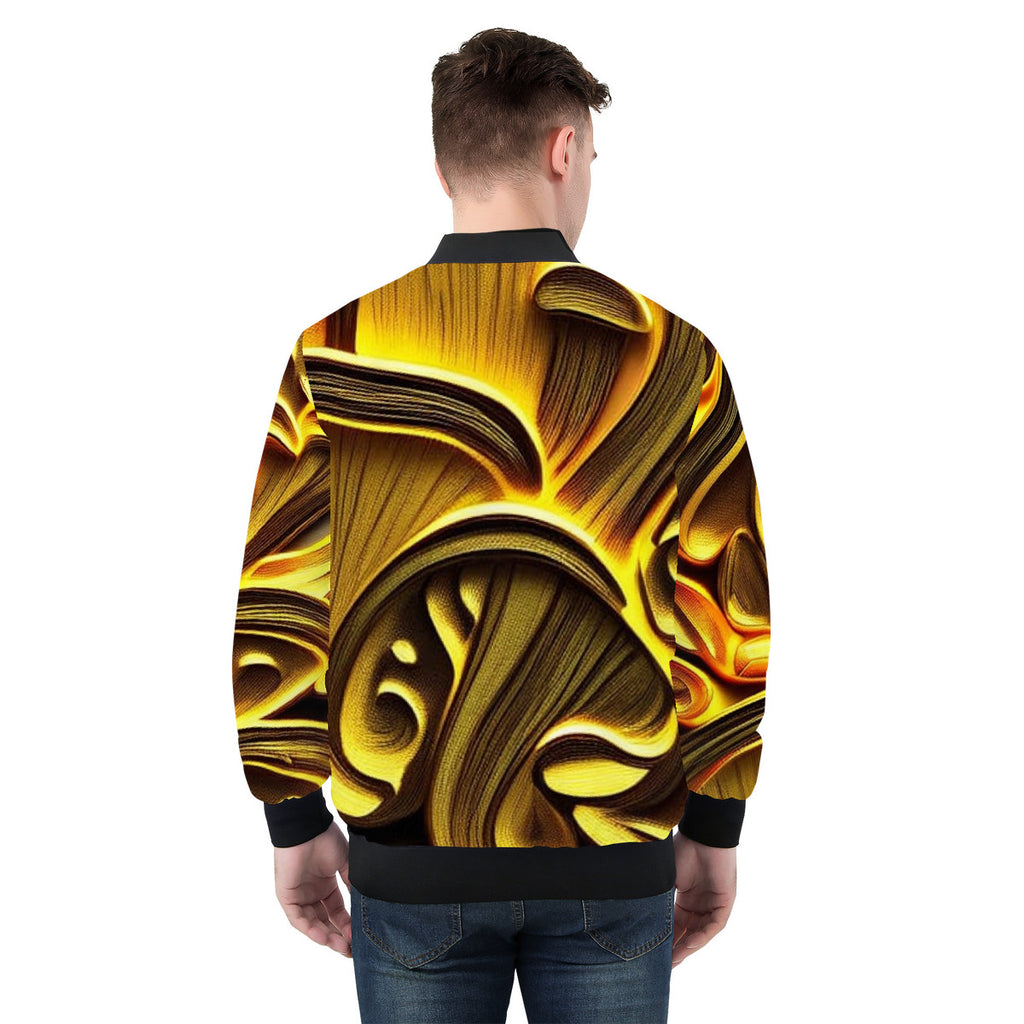 Men's Golden Custom Mushroom Print Bomber Jacket - Premium Polyester Print