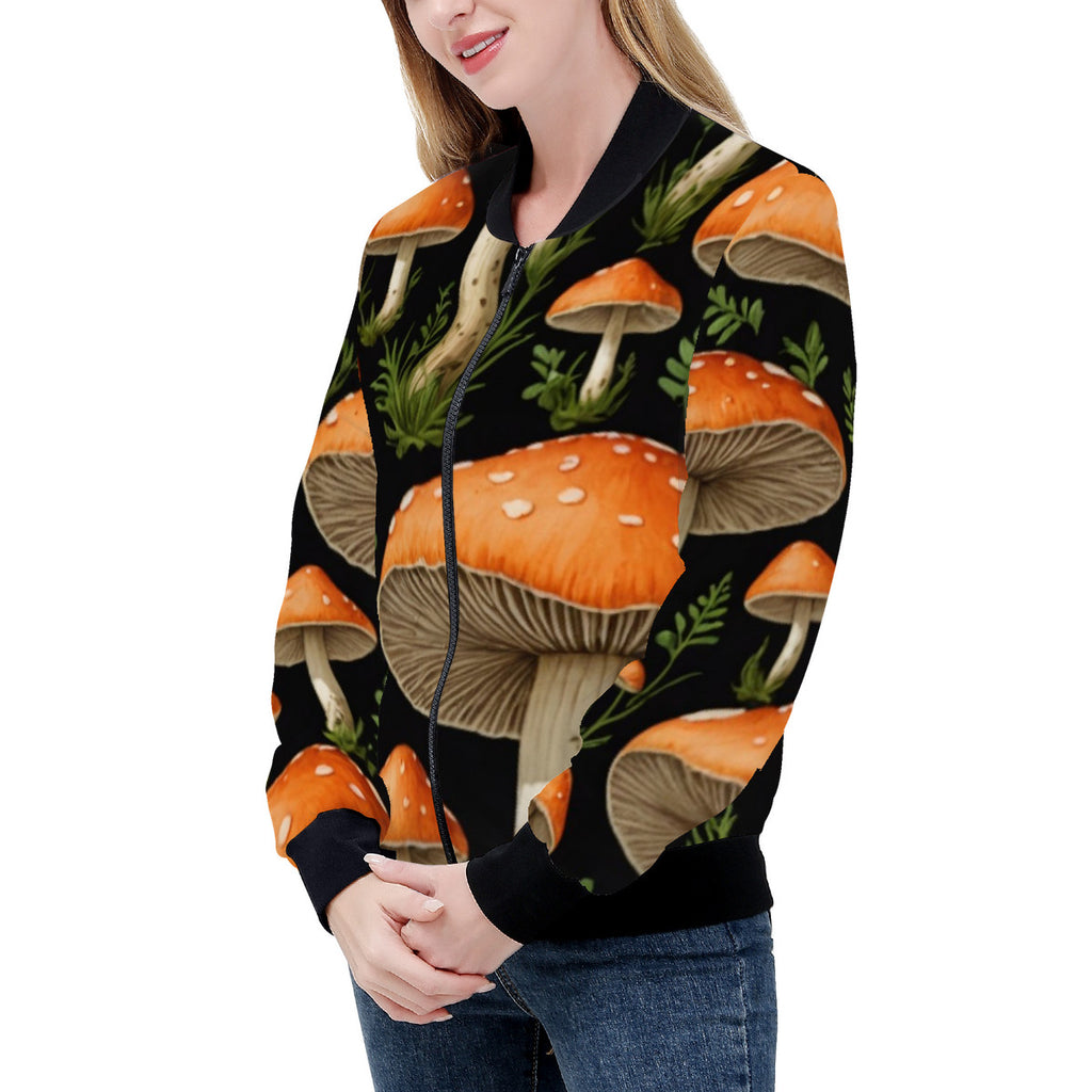 Women's Mushroom of the Garden Custom Print Bomber Jacket - Premium Polyester Print