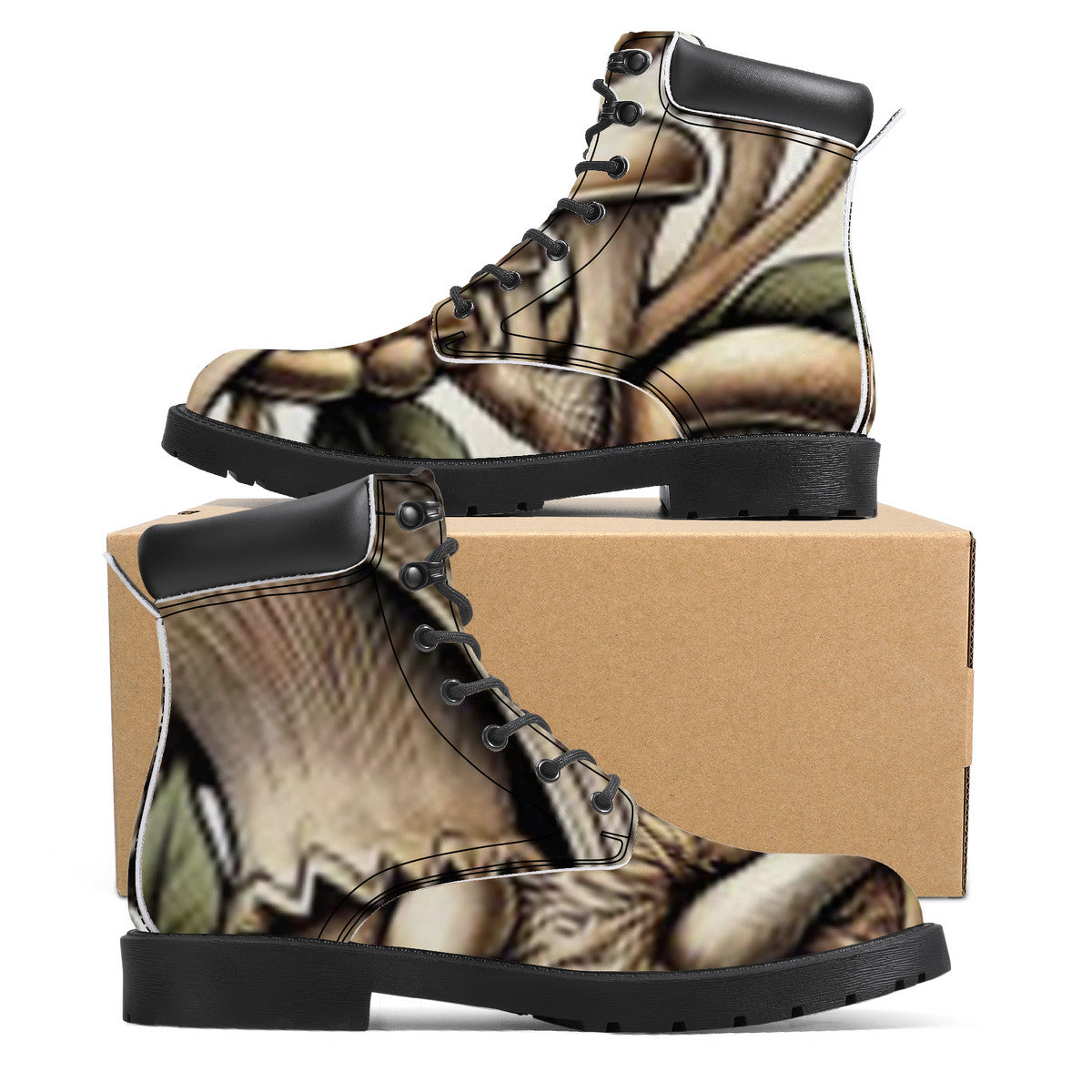 Earth Tones Custom Design Mushroom Print Synthetic Leather Boots - Vegan Waterproof All-Season Boots