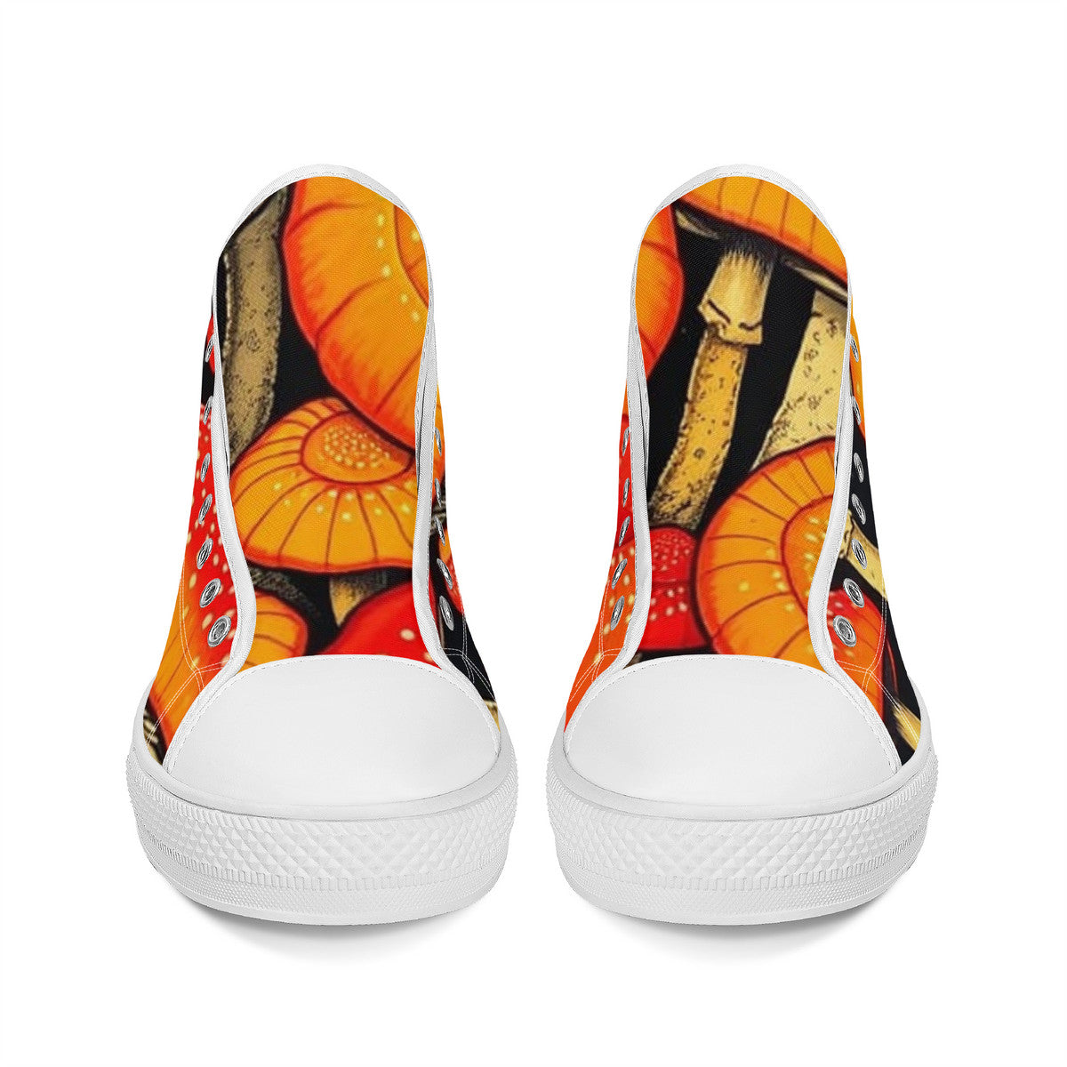 High-Top Orange & Black Custom Mushroom Print Canvas Shoes with Customized Tongue - White
