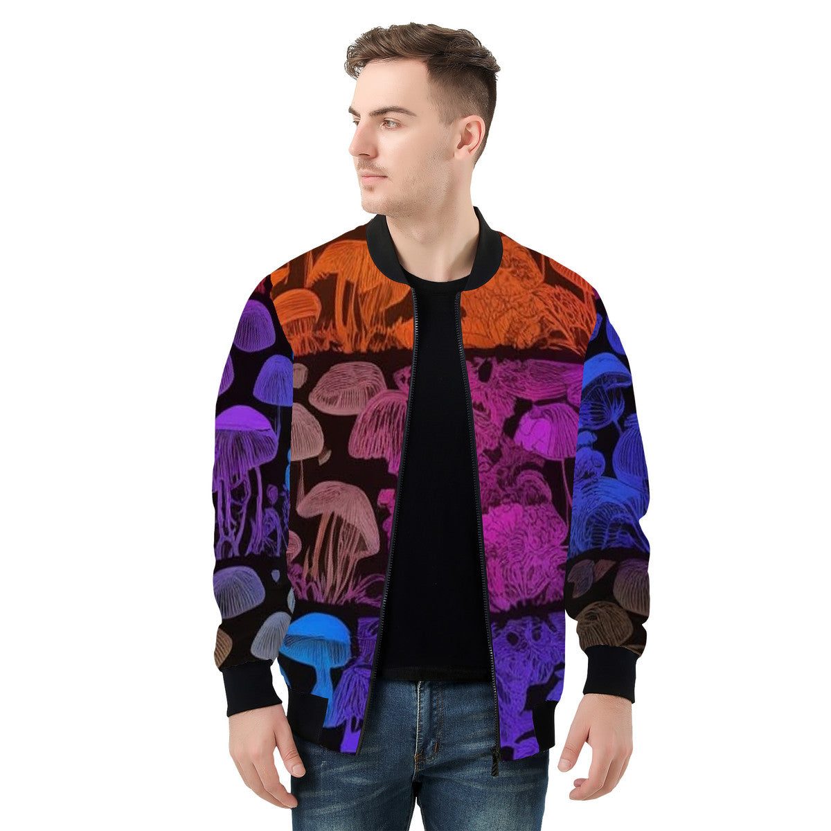 Men's Rainbow Custom Mushroom Print Bomber Jacket - Premium Polyester Print