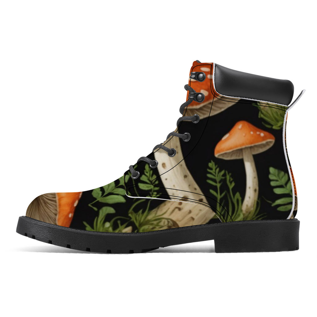 In the Forest Custom Design Mushroom Print Synthetic Leather Boots - Vegan Waterproof All-Season Boots