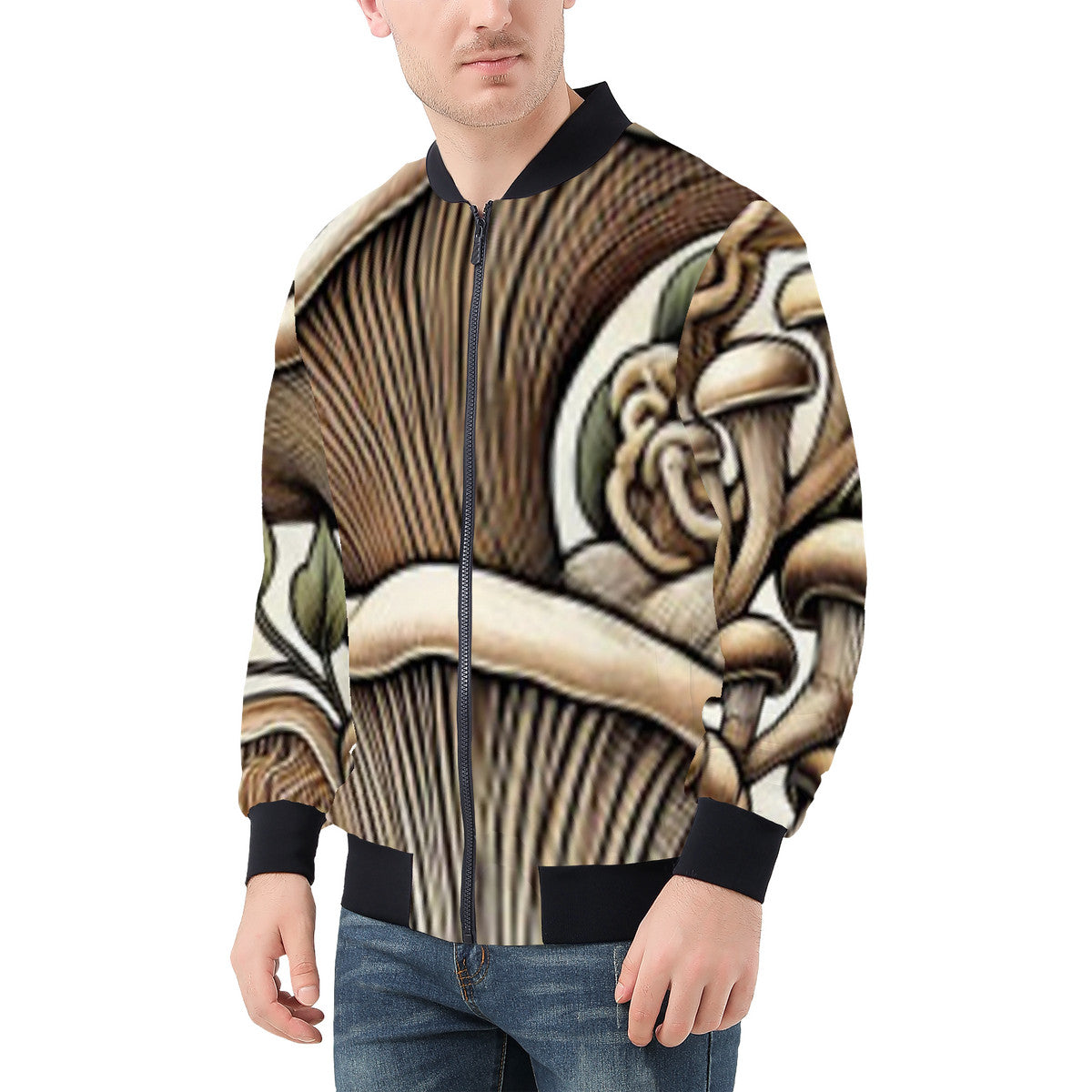 Men's Hand Drawn Mushroom Print Bomber Jacket - Premium Polyester Print