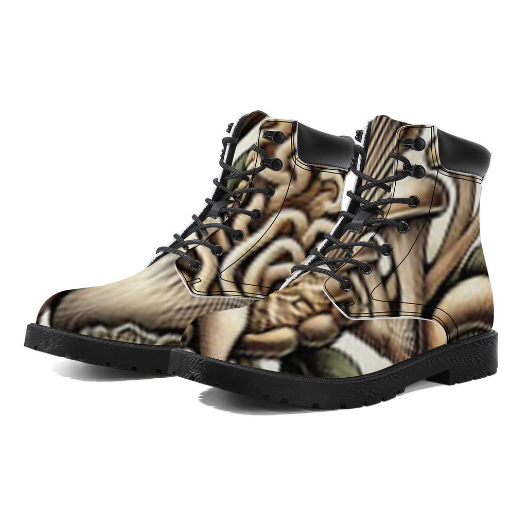 Earth Tones Custom Design Mushroom Print Synthetic Leather Boots - Vegan Waterproof All-Season Boots