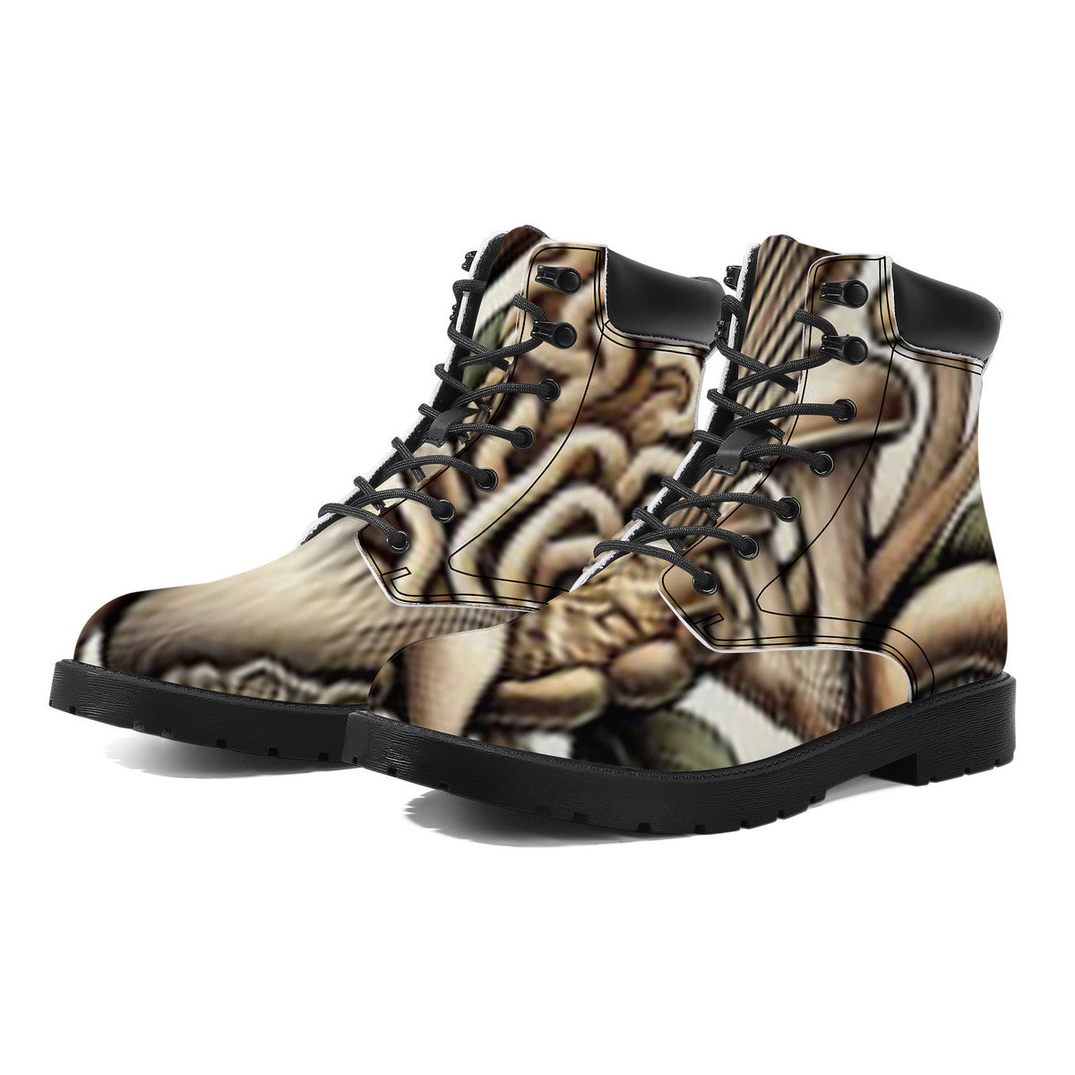 Earth Tones Custom Design Mushroom Print Synthetic Leather Boots - Vegan Waterproof All-Season Boots