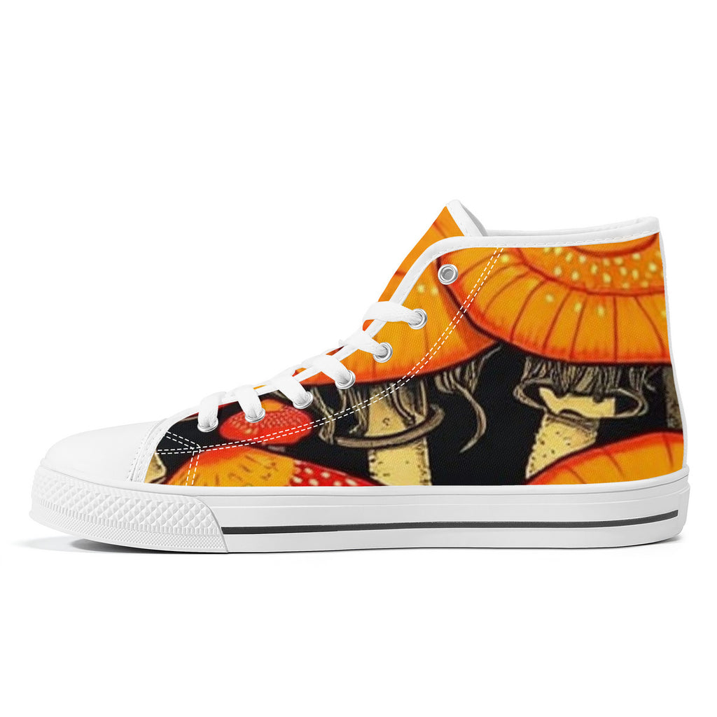 High-Top Orange & Black Custom Mushroom Print Canvas Shoes with Customized Tongue - White