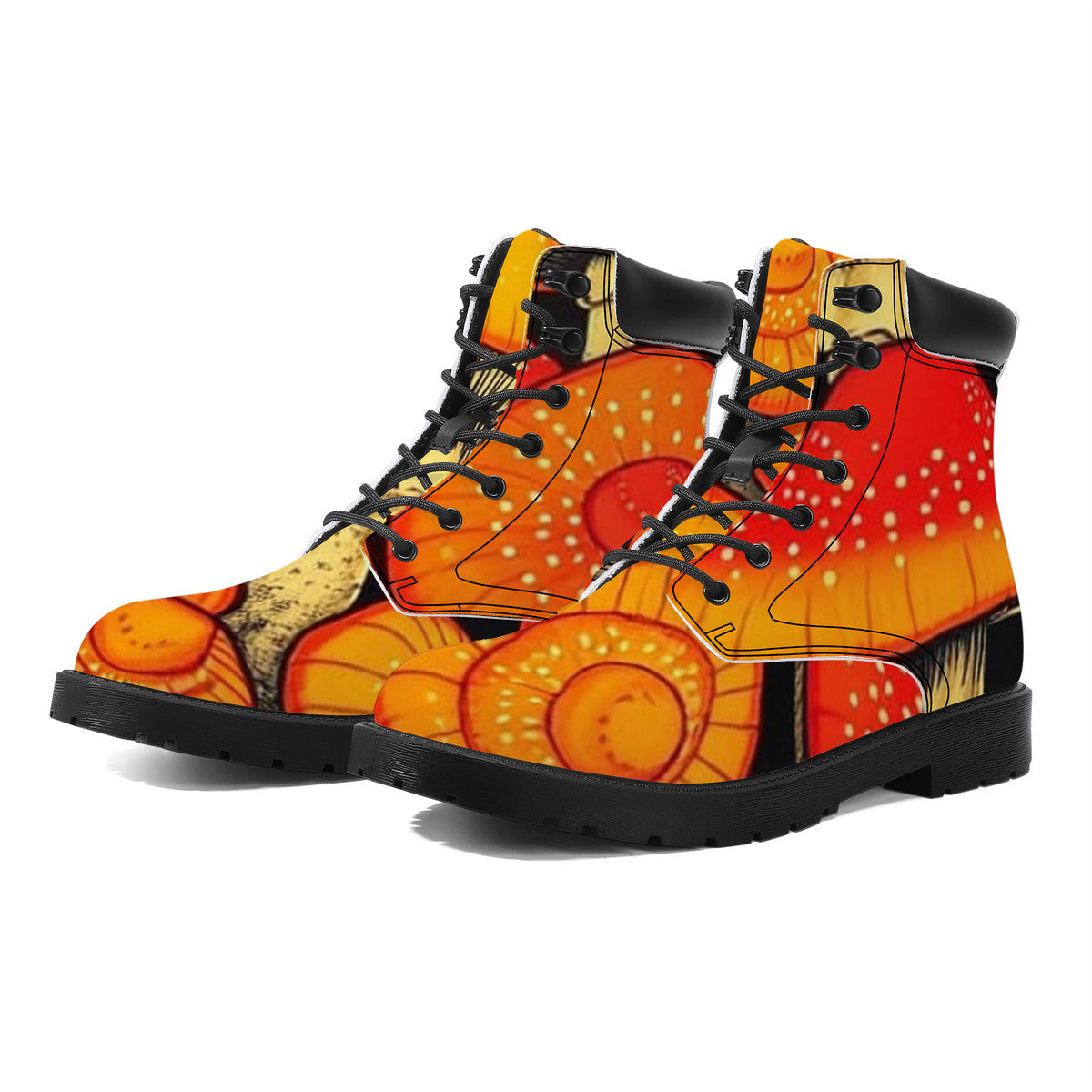 Colorful Mushroom Custom Print Synthetic Leather Boots - Vegan Waterproof All-Season Boots