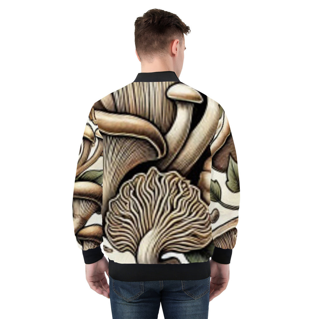 Men's Hand Drawn Mushroom Print Bomber Jacket - Premium Polyester Print