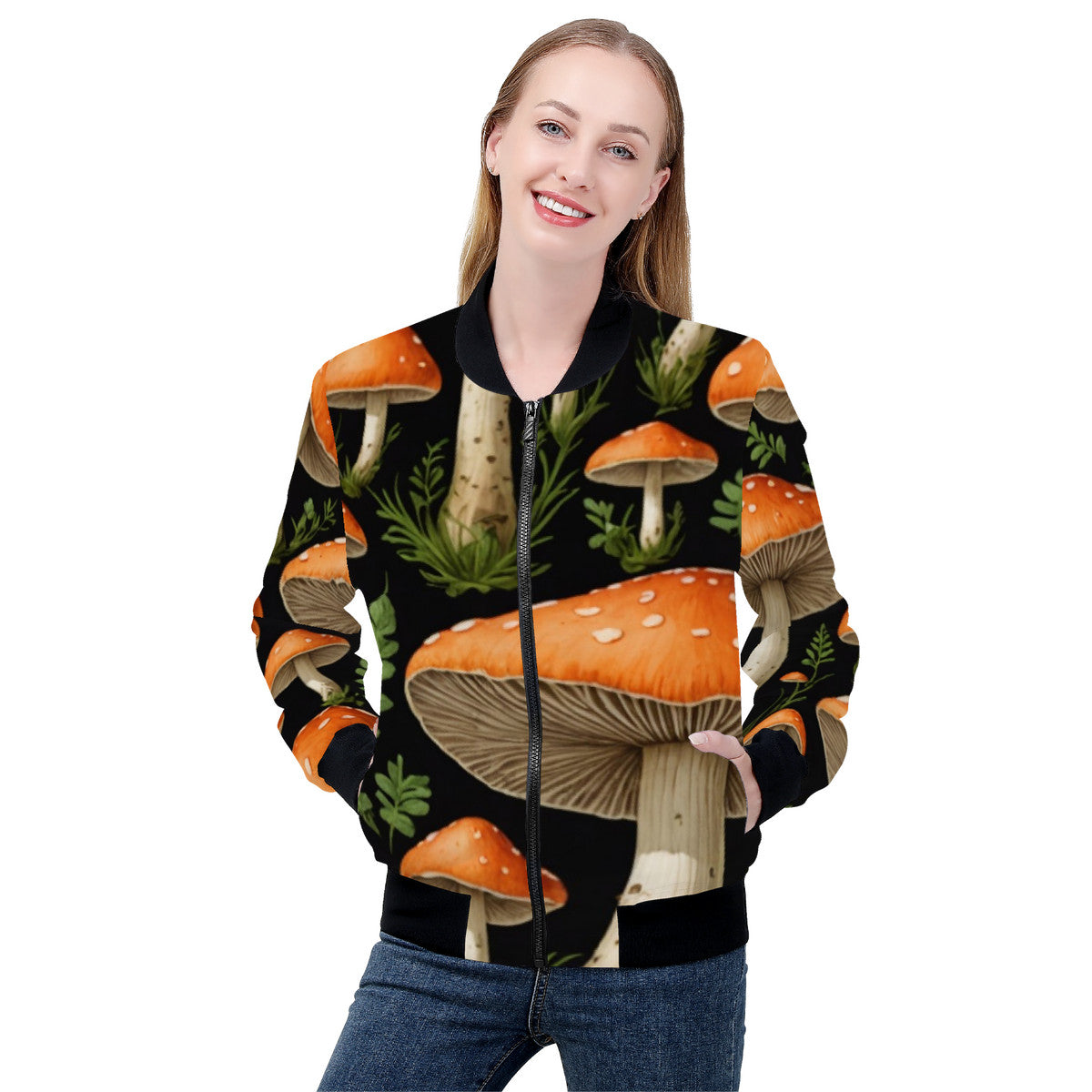 Women's Mushroom of the Garden Custom Print Bomber Jacket - Premium Polyester Print