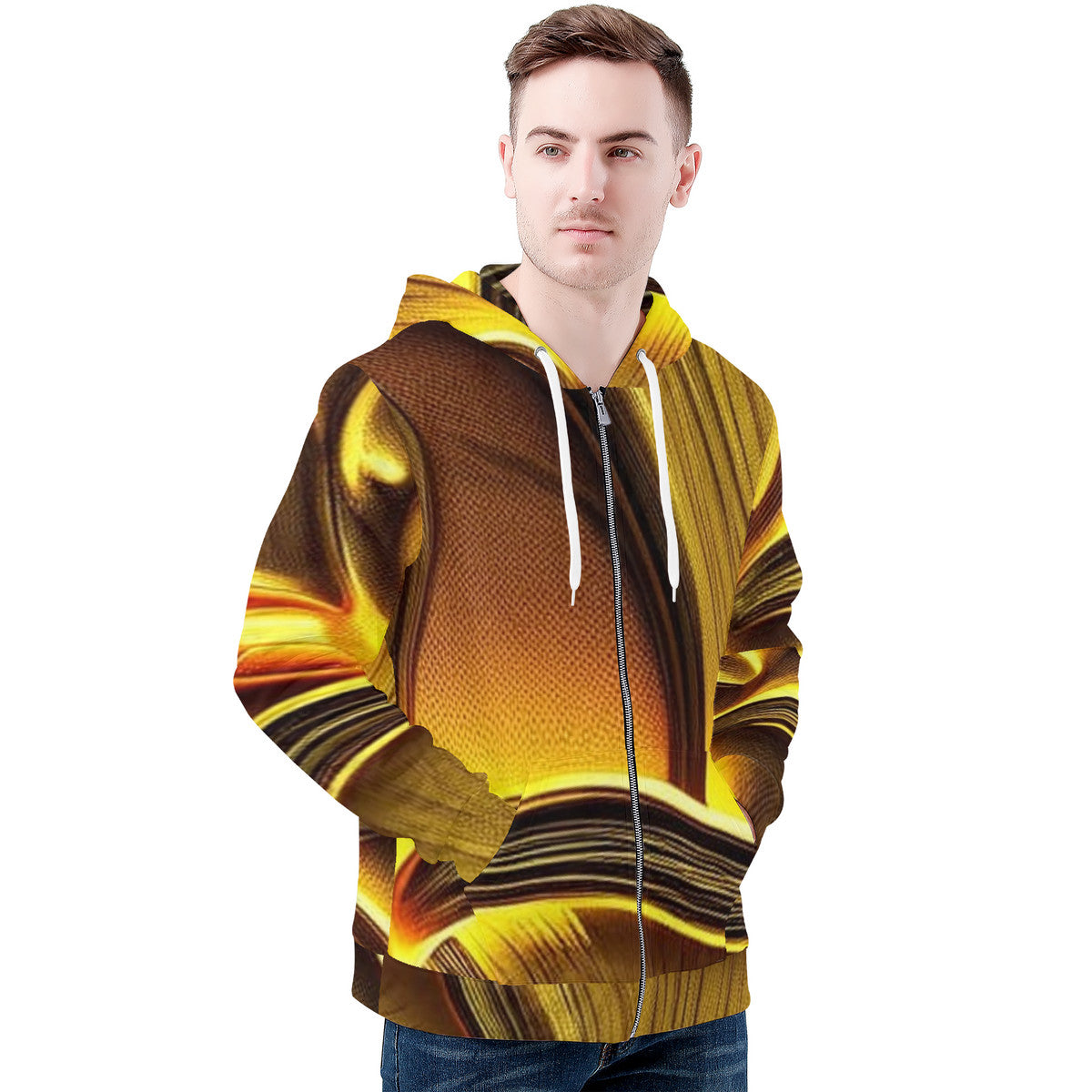 Men's All-Over Custom Design Golden Mushroom Print Zip Hoodie