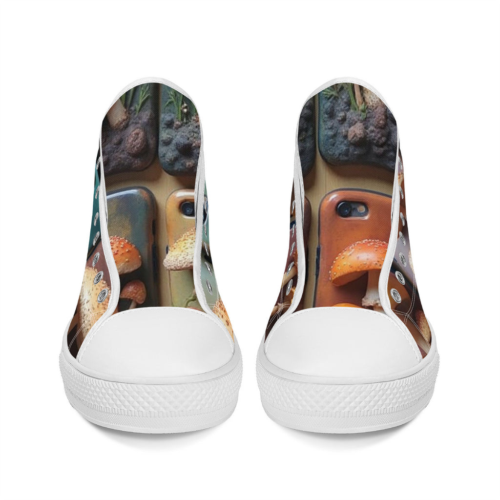 Zapatillas Altas de Lona con Estampado Personalizado de Hongos Naranja Perfectos con Puntos Amarillos