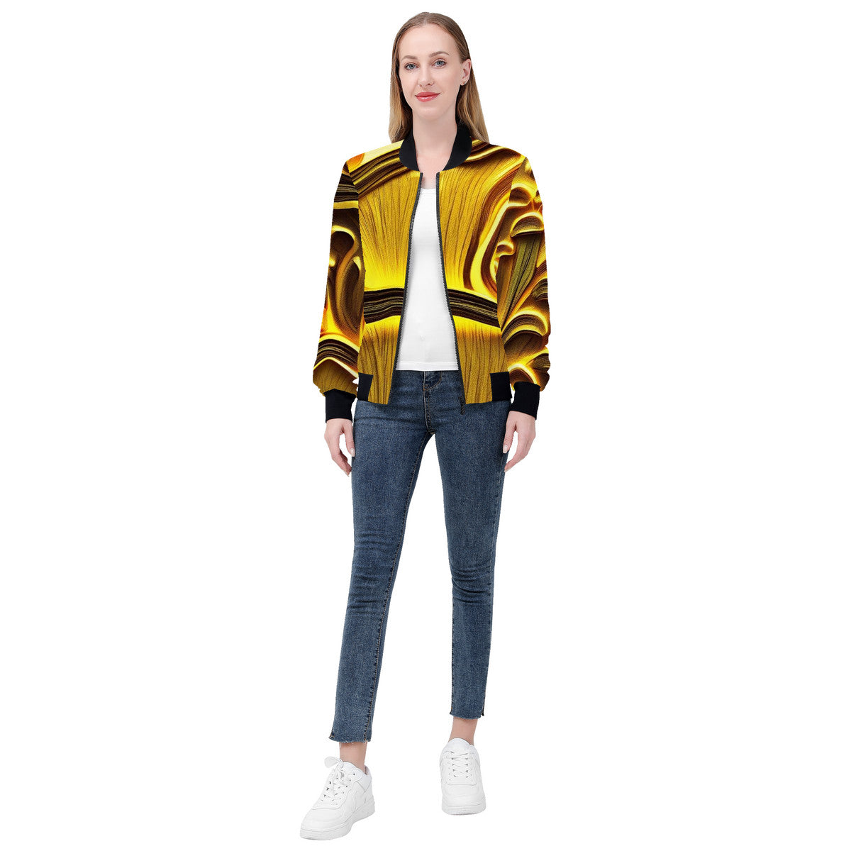 Women's Golden Custom Mushroom Print Bomber Jacket - Premium Polyester Print
