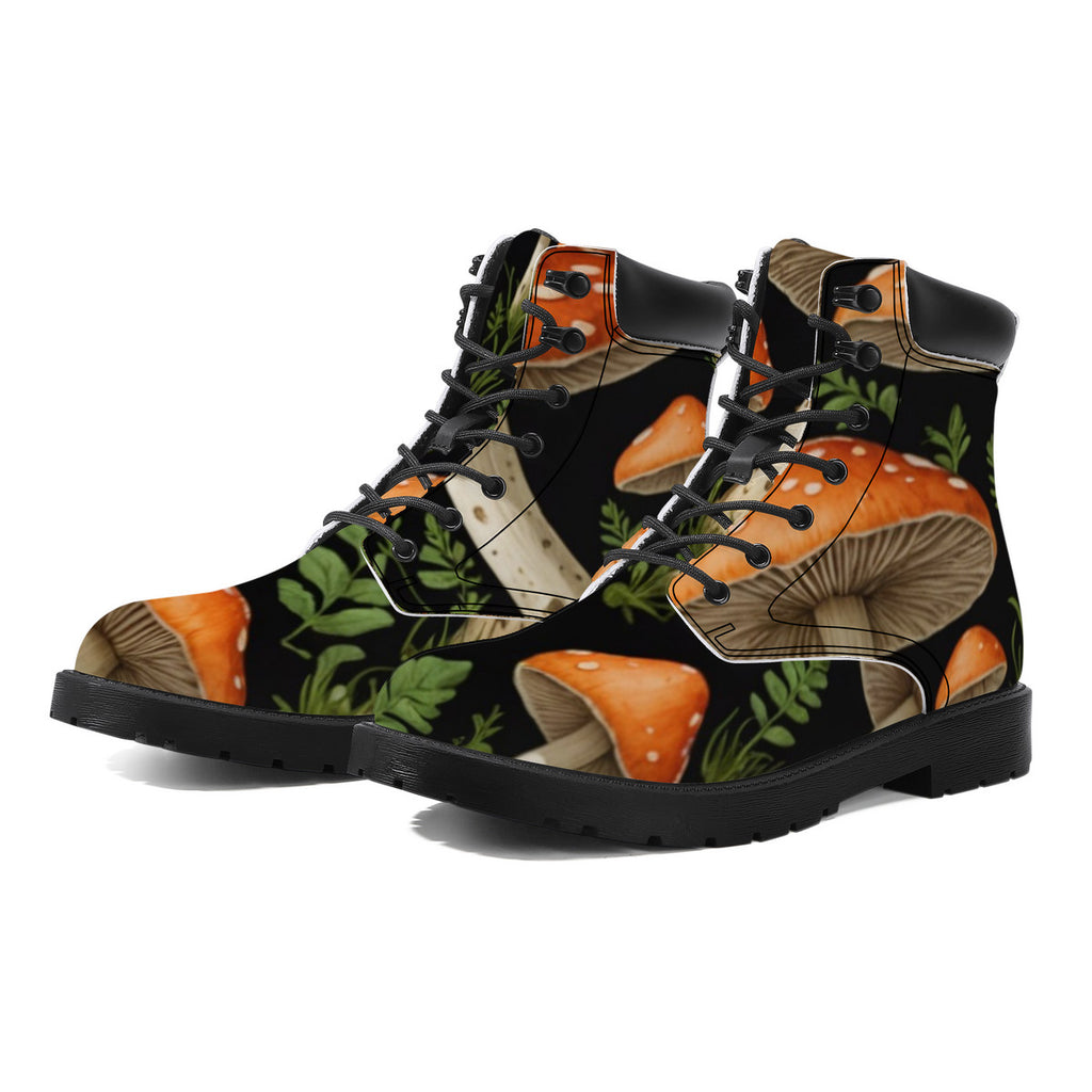 In the Forest Custom Design Mushroom Print Synthetic Leather Boots - Vegan Waterproof All-Season Boots