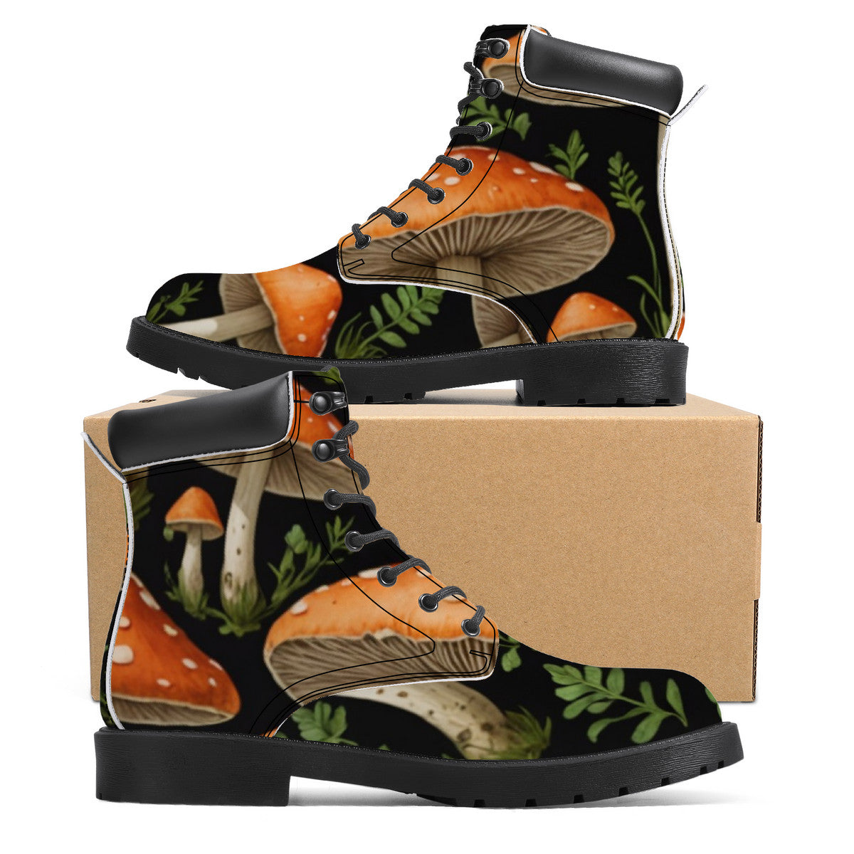In the Forest Custom Design Mushroom Print Synthetic Leather Boots - Vegan Waterproof All-Season Boots