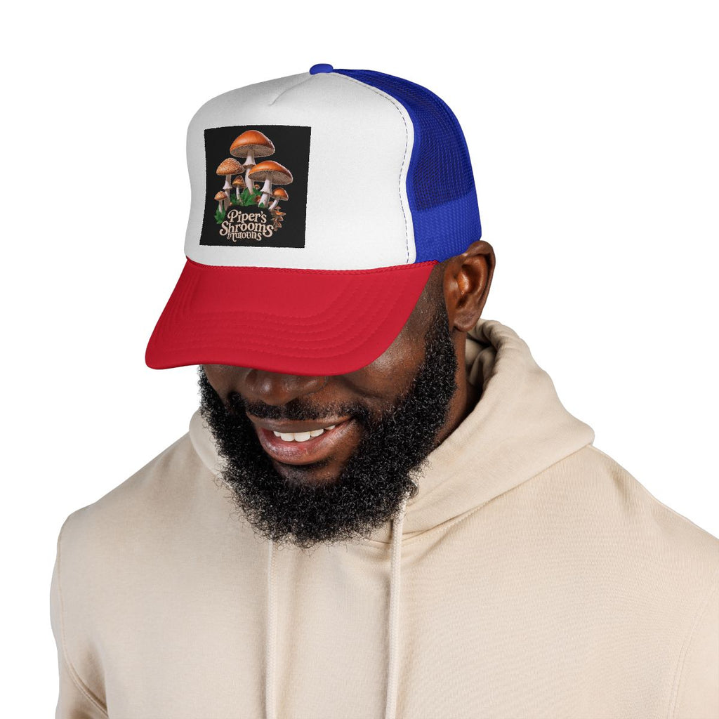Mushroom Trucker Cap — "Piper's Shrooms" Retro Forest Patch Hat